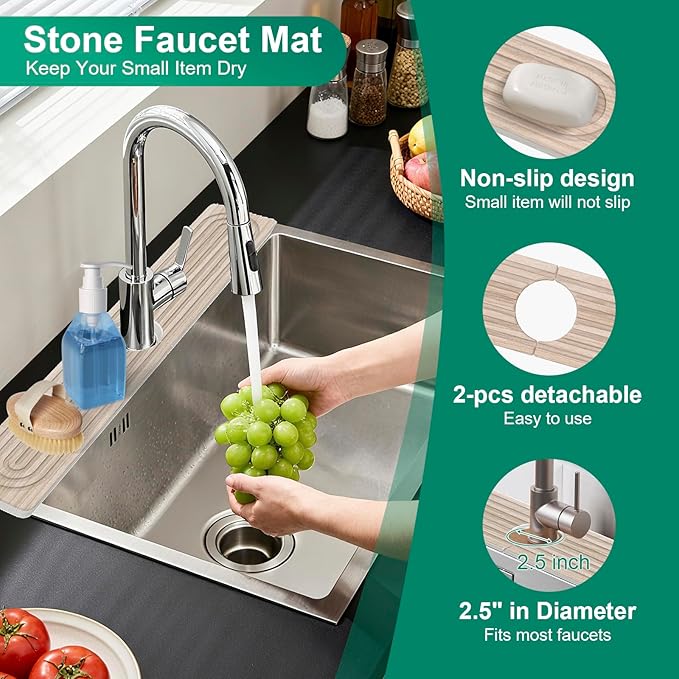 Stone Drying Mat for Kitchen Counter 24x16 Water Absorbing Dish Drying Mat with 24x4 Faucet Mat for Kitchen Sink Diatomaceous Earth Quick Dry Stone Mats for Dishes Bottles Cups (Wood Grain)