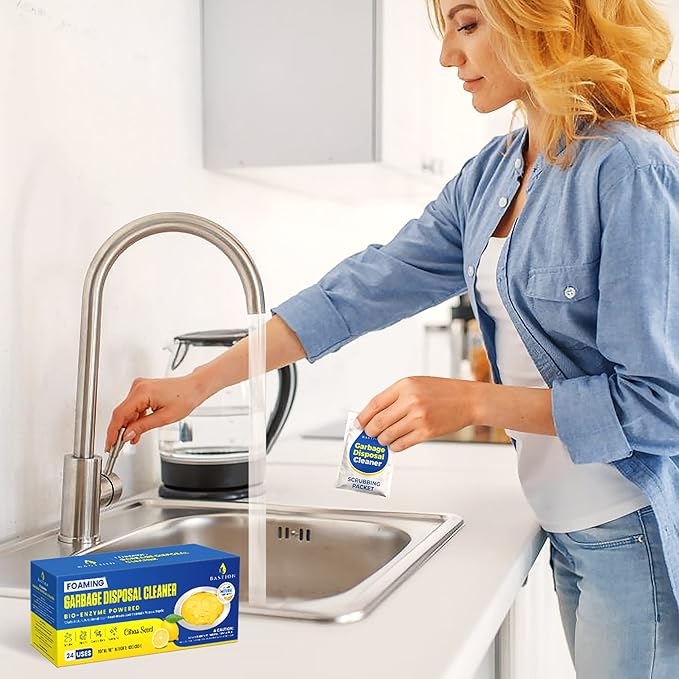 Bastion Garbage Disposal Cleaner and Deodorizer - 24-Count (1-Year Supply) Foaming Lemon Scented Kitchen Sink Freshener Pods &amp Drain Odor Eliminator Disposer Care