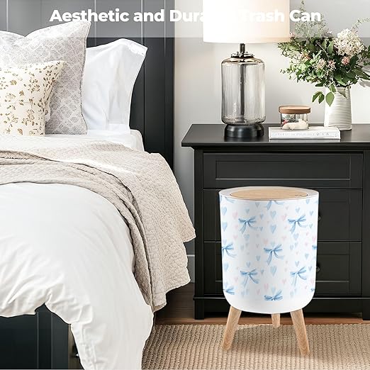 Bathroom Trash Can with Lid Blue Coquette Ribbon Bow Seamless White Soft Girl Aesthetic Repeat Garbage Bin Waste Basket for Kitchen Office Bedroom Decoration Diaper Pail 1.8 Gallon