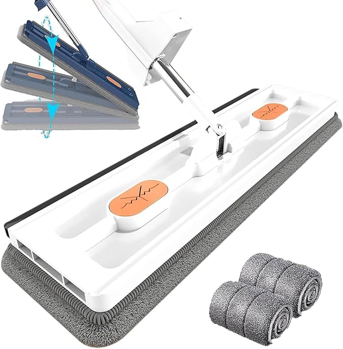 Large Flat Mop2023 Premium Flat Mop Self Wringing with Wringer 360 Rotating with Dewatering Scraper 12027(White+2 Mop Pads)