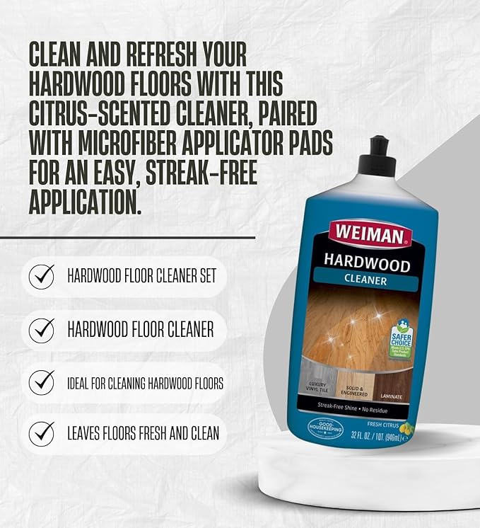 2x Weiman Professional Citrus Scent Hardwood Floor Cleaner Liquid 32 oz Bundle with Microfiber Applicator Pads – Floor Cleaner and Mop Solution for Hardwood Laminate Vinyl – Gift Set (3 Items)