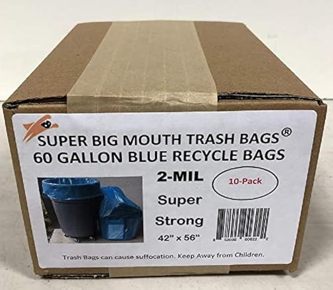 Super Big Mouth Trash Bags® 45-55-60 Gallon BLUE Recycle Trash Garbage Bags 2-MIL 42W x 56H - 10 Pack