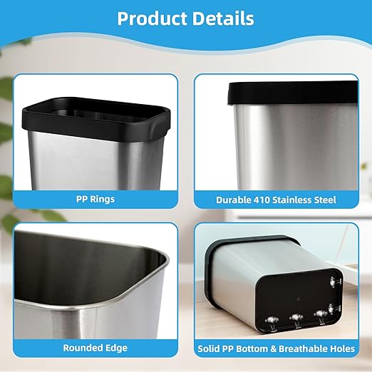 TooCust 3 Pack Stainless Steel Trash Can 2 Gallon Open Top Trash Can 7 x 10 x 11 Rectangle Rubbish Bin Slim and Narrow No Lid Small Wastebasketfor Kitchen Bathroom Living Room Office