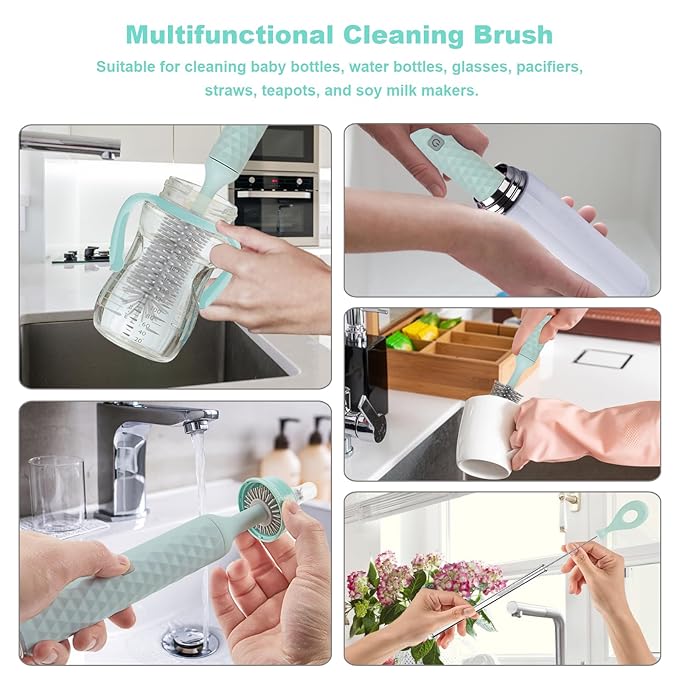 Electric Bottle Brush 4 Piece Bottle Brush Set with Baby Bottle Brush Cleaner Nipple Brush Pacifier Cleaner Straw Cleaner Brush Gifts for Newborns and Mothers Blue