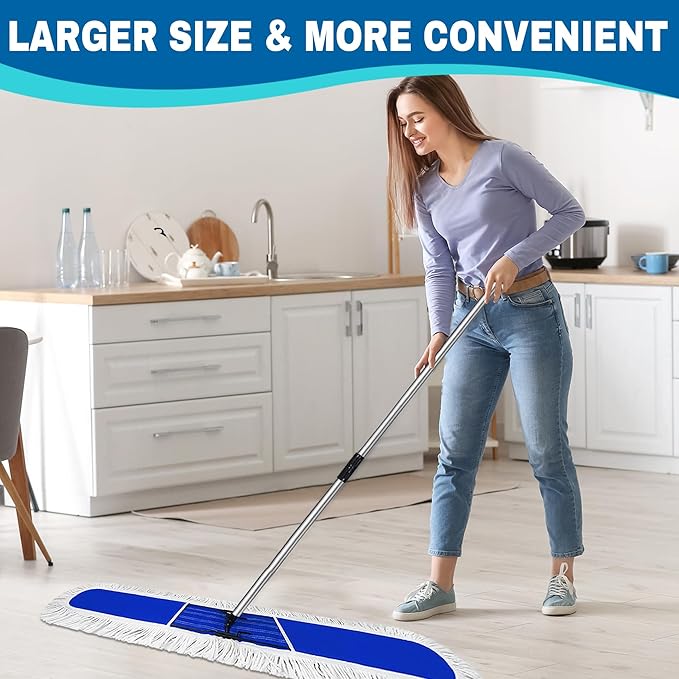48 inch Commercial Dust Mop for Hardwood Floors Large Size Dry Mop Reusable Cotton Yarn Head Telescopic Stainless Steel Handle Industrial dust mops for Floor Cleaning Marble Blue