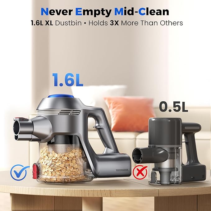 Cordless Vacuum Cleaner Stick Vacuum Cleaners for Home with 40Kpa Powerful Suction 45 Mins Runtime 1.6L Dust Box Anti-Tangle 8-in-1 Rechargeable Vacuum for Hardwood Floor Carpet Pet Hair