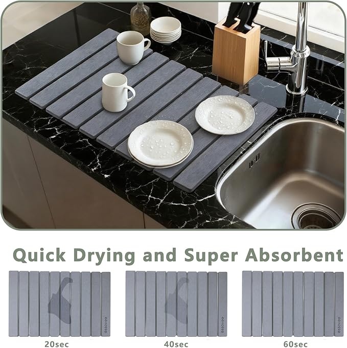 Large Stone Dish Drying Mat for Kitchen Counter 24×16 – Quick Drying Diatomaceous Earth Super Non-Slip Absorbent Birthday Gfts for Women Mom Grandma (2PCS Dark Gray 24 x 16&amp 8 x4 )