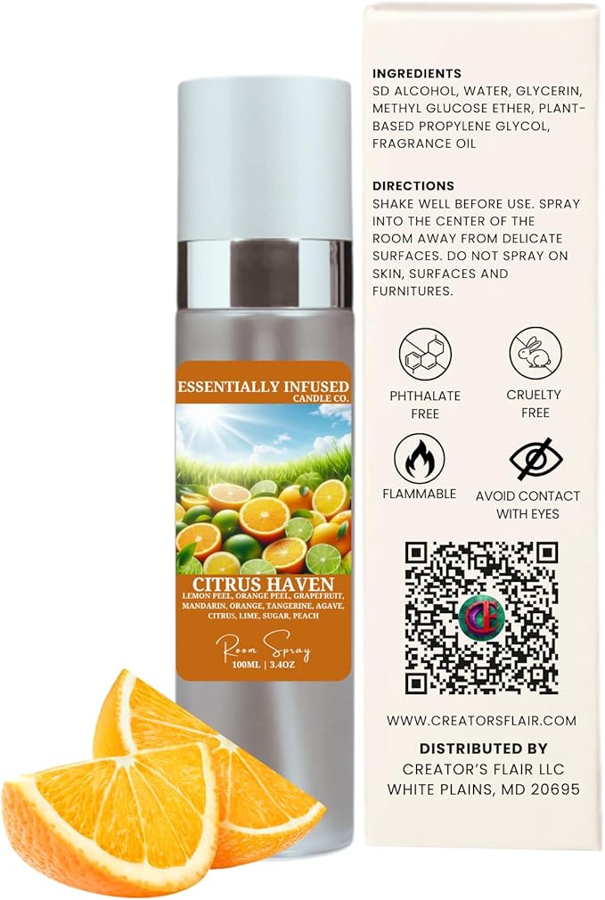ESSENTIALLY INFUSED Premium Room Sprays (1 x 3.4 fl oz) - Luxurious Home Fragrance | Aromatherapy Long-lasting (Citrus Haven)