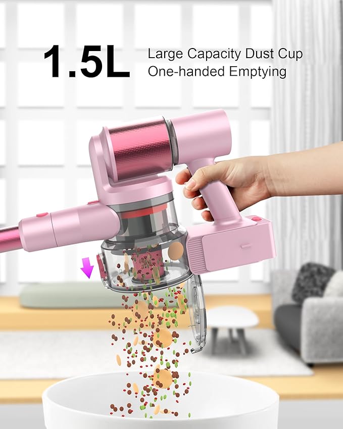 Pink Cordless Vacuum Cleaner 45Kpa/550W/60 Mins Runtime Stick Vacuum with Self-Standing and Touch Screen Anti-Tangle Wireless Vacumm Vacuum Cleaners for Home/Pet Hair/Carpets/Floors