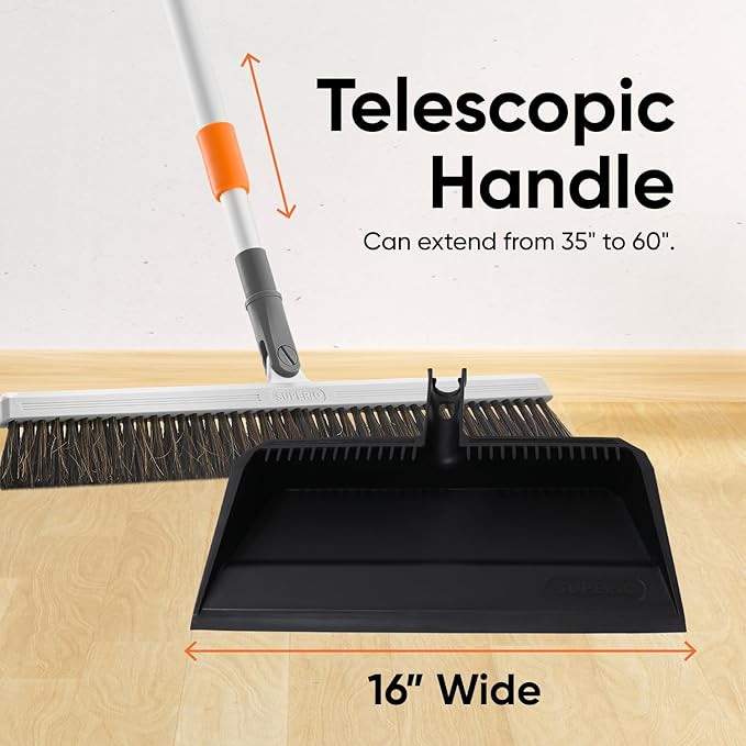 Superio 18 Horse Hair Upright Broom with Telescopic Handle &amp 16 Black Dustpan with Comb Rubber Lip &amp Clip – Narrow Thin Dust Broom for Dog Hair – Hardwood &amp Tile Floor Cleaning Set – Gr