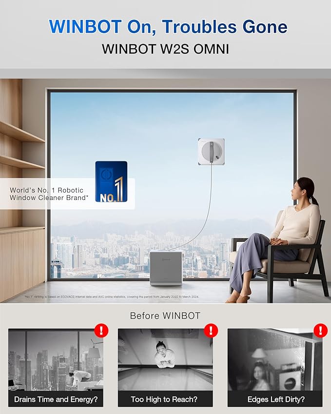 ECOVACS WINBOT W2S Omni Window Cleaning Robot with 6-in-1 Multifunction Station TruEdge Edge-to-Edge Precision Triple Wide-Angle Spray Nozzles 12-Level Safety System Dual Power Modes