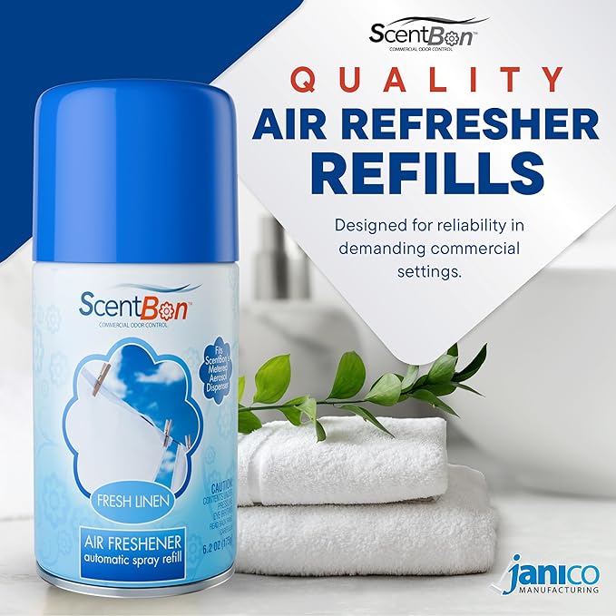 ScentBon Air Freshener Refill Metered Aerosol Can Cinnamon Fresh Linen Green Apple Mango Ocean Vanilla Pack of 12 (12 Blue - Fresh Linen Scent)