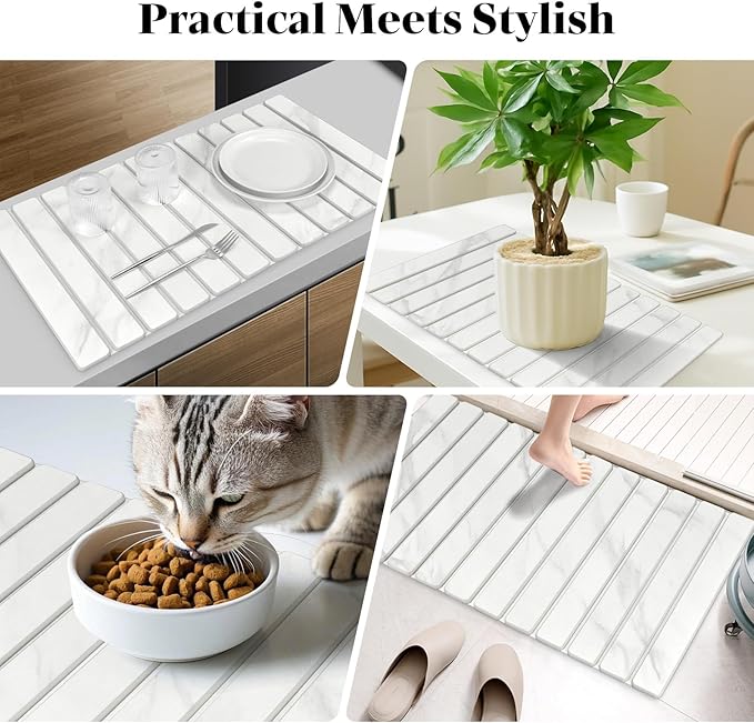 2 PCS Extra Large Stone Dish Drying Mats for Kitchen Counter 28(L)×16(W) Marble-Pattern Dish Drying Mat with 8x 4 Coasters Eco-Friendly Diatomite Dish Drying Mat - Fits All Countertops