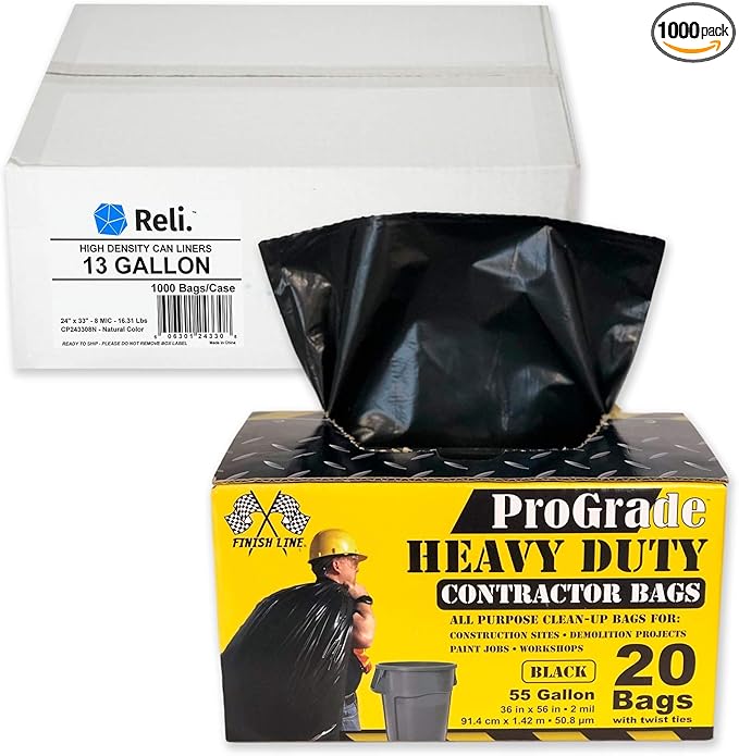 Reli. Contractor Bags 55 Gal (20 Ct) &amp 13 Gal Trash Bags (1000 Bags)