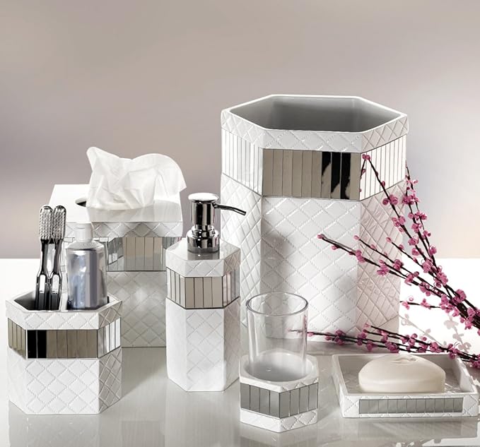 Creative Scents Quilted Mirror White Bathroom Accessories Set - Decorative 6 Piece Bathroom Set Includes: Trash Can Tissue Box Cover Soap Dispenser Toothbrush Holder Tumbler &amp Soap Dish