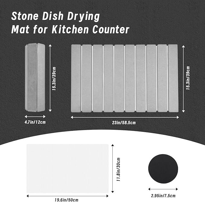 Large Stone Dish Drying Mat 23x15.3 Inch for Kitchen Counter &amp Sink Collapsible Quick-Dry Diatomaceous Earth Pad Eco-Friendly Absorbent Mat for Dishes Cups Bottles (Light Gray 23 x 15.3)