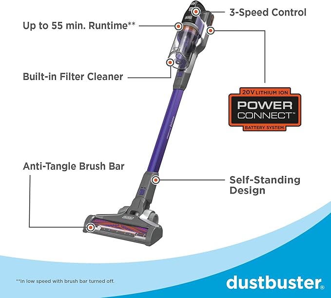 BLACK+DECKER Pet Hair Vacuum Cordless Vacuum Cleaner Pet Hair Up to 55 Minutes of Runtime Interchangeable Floorhead Maximum Suction Multi-Surface Light Weight Powerseries Extreme (BSV2020P)
