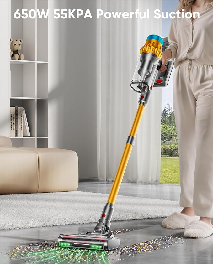 Cordless Vacuum Cleaner 650W/55KPA/70 Mins Vacuum Cleaners for Home with Self-Standing Anti-Tangle Brush Smart Display and 1.8L Cup Cordless Stick Vacuum Cleaner for Pet Hair/Carpets