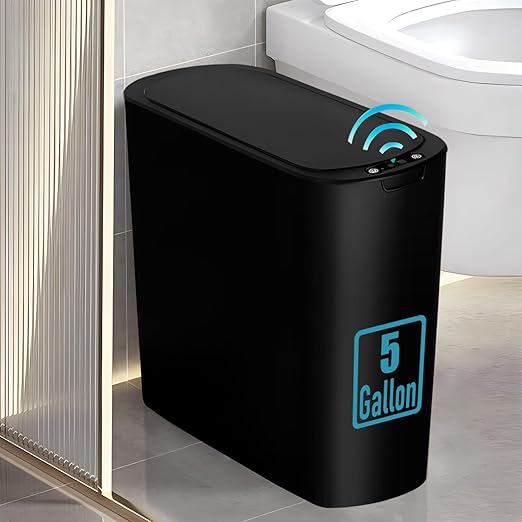 TIPGO 5 Gallon Motion Senor Bathroom Trash Can with Lid Automatic Garbage Can Touchless Smart Plastic Waste Basket for Narrow Spaces Bathroom Office Bedroom Living Room (Black)