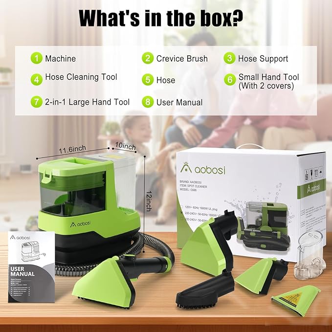 AAOBOSI Portable Carpet Cleaner Machine 17Kpa Upholstery Steam Cleaner with Smart Voice Prompting Self-cleaning 4 Tools for Pets Car Couch and Stairs- C688 Green