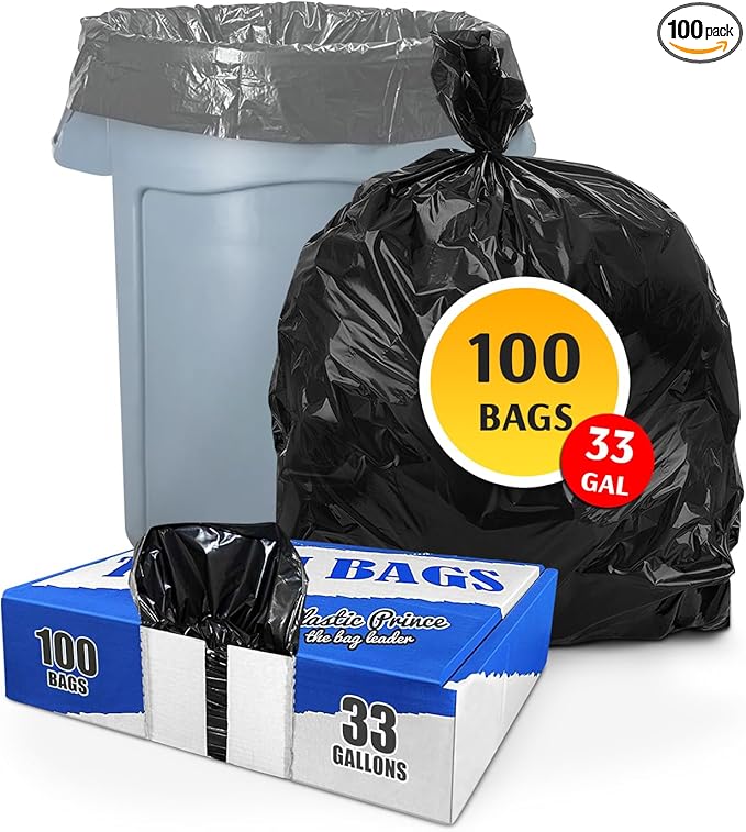 (100 Pack) 30-33 Gallon Trash Bags 1.3 Mil Heavy Duty Fits Round and Square 30-33 gal Trash Cans 33 x 39 Garbage Trash Can Liners (Black)