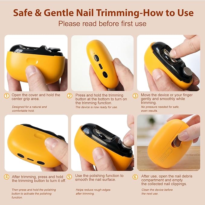 Electric Nail Clipper 2 in 1 Nail Care Tool with Filing Function Safe &amp Gentle Nail Trimmer with LED Light Quiet and Effortless Rechargeable for Adults &amp Seniors (Yellow)