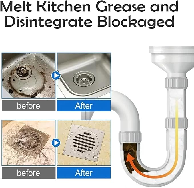 Multi-Purpose Drain Cleaner for Home Use - Kitchen &amp Toilet Pipe Unclogger Dissolves Grease Oil &amp Debris Without Damaging Pipes(3PCS)