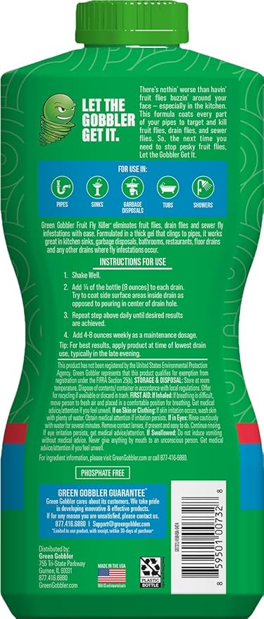 Green Gobbler Fruit Fly Killer+ - Kills Fruit Flies Drain Flies &amp Sewer Flies Gel Treatment for Use in Sinks &amp Pipes - Safe for Septic Systems 32oz - Up to 8 USES (2 Pack)