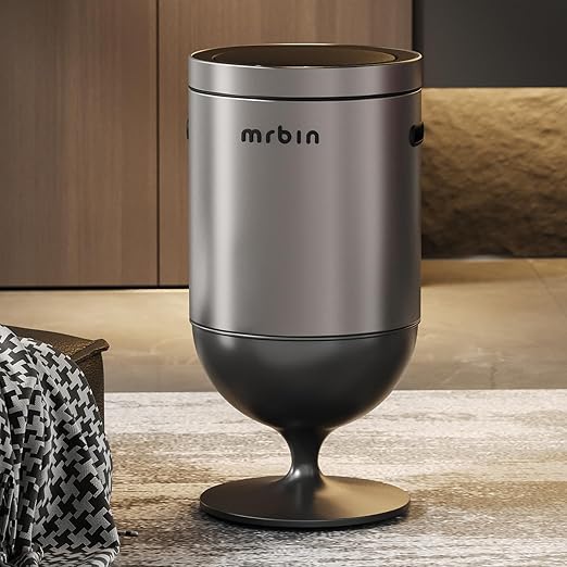 Mrbin Stainless Steel Motion Sensor Trash Can with Lid 5.3 Gallon Wine Glass Shaped Automatic Waste Basket Touchless Smart Round Tall Garbage with High Leg for Office Bedroom Kitchen Eclipse Grey
