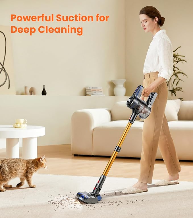 NADALY Cordless Vacuum Cleaner 500W 40KPA Stick Vacuum with 45min Runtime Anti-Tangle Self-Standing Vacuum Cleaners for Home Lightweight Vacuum for Hardwood Floor/Carpet/Pet Hair Bronzed Gold