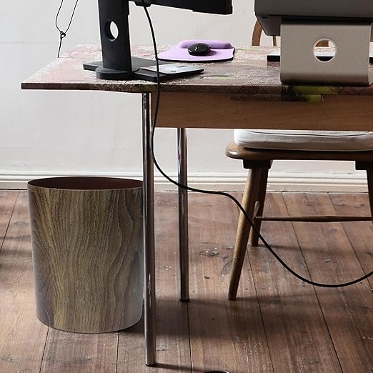 Housoutil Imitation Wood Grain Trash Can 8L Large Capacity Round Wastebasket Sturdy Kitchen and Bathroom Garbage Bin for Home Office Hotel Use