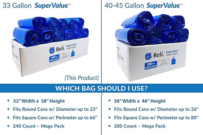 Reli. SuperValue 33 Gallon Recycling Bags (240 Count Bulk) Made in the USA - Blue Trash Bags 30-33 Gallon | Blue Recycling Garbage | 33Gal with 30Gal 33Gal 35Gal Capacity