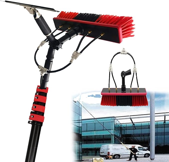 Window Cleaning Rod Hydro Brush with Squeegee Hydro-Cleaning System with 20 M Hose Window Glass Cleaning Tool Solar Panel (3.6M/12FT)