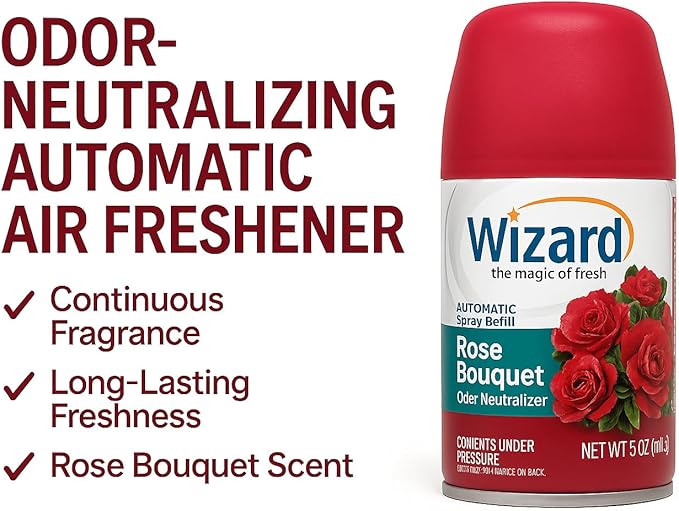 Wizard Automatic Spray Refill – Rose Bouquet 5 oz (12 Pack) | Compatible with Air Wick Freshmatic &amp Glade Dispensers | Long Lasting Odor Neutralizer for Home &amp Office