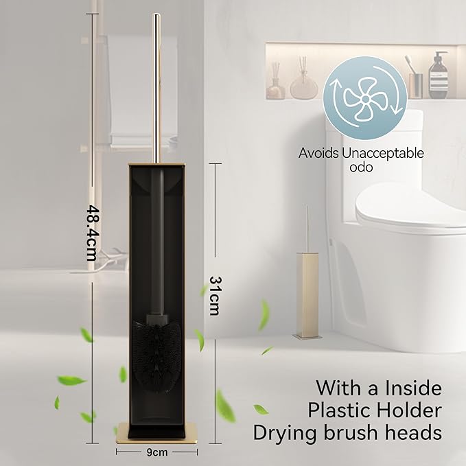 Gold Toilet Brush with Holder 304 Stainless Steel Toilet Bowl Brush Square Bathroom Cleaner Brush