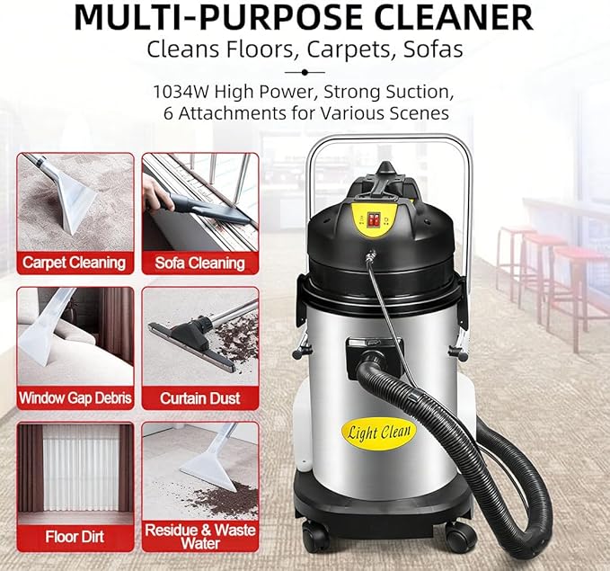 Multi-Surface Commercial Carpet Cleaning MachinePortable Extractor for Wet &amp Dry CleaningNon-slip Handlefor Carpets Sofa Curtain Auto InteriorIncludes 6 Specialized Attachments 40L
