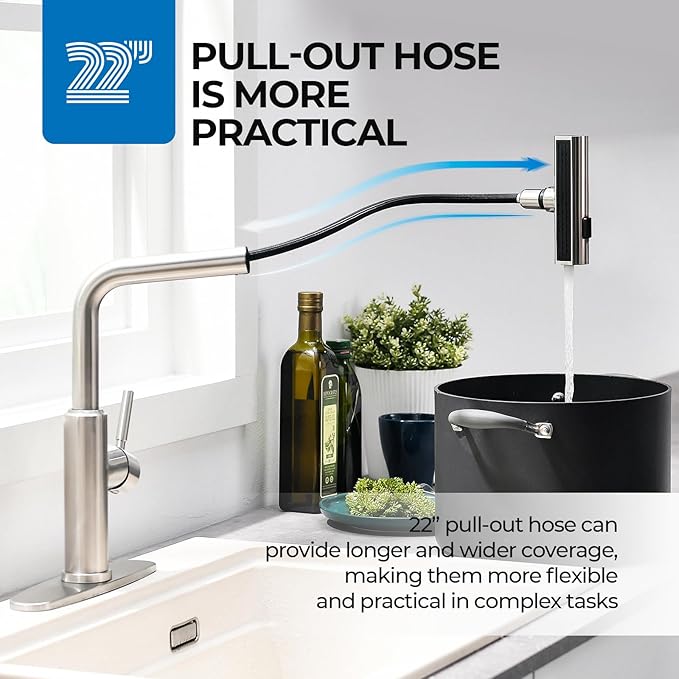 WEWE Waterfall Kitchen Faucet with Pull Down Sprayer 3 Modes(Sweep/Stream/Waterfall) Rotary Switch Mode Stainless Steel Kitchen Sink Faucet Single Lever Handle Brushed Nickel Sink Fuacet