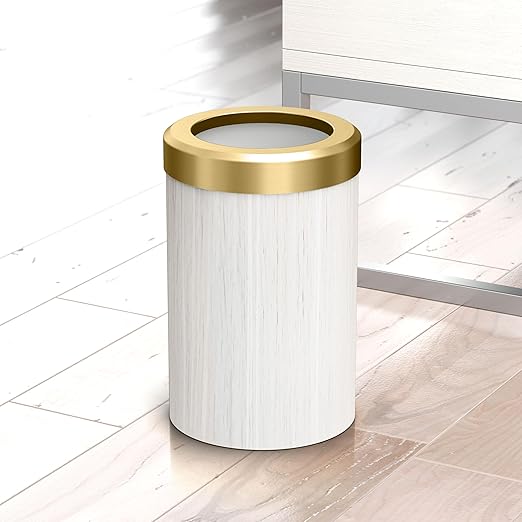 Gatco Small Bathroom Trash Can with Lid Round 3 Gallon Wastebasket Under Sink White Oak with Brushed Brass for Bathroom Bedroom Office (1932B)