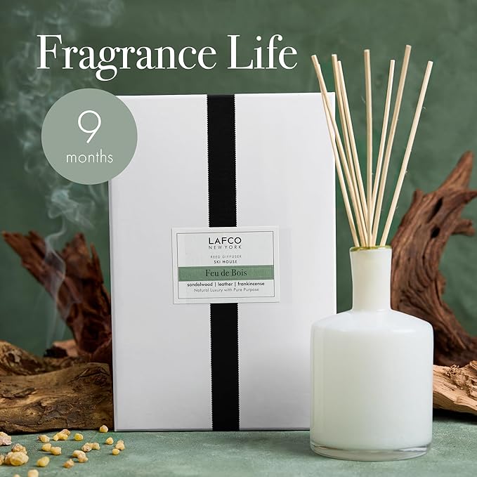 LAFCO New York Signature Reed Diffuser Feu de Bois - 15 oz - Up to 9 Months Fragrance Life - Reusable Hand Blown Glass Vessel - Natural Wood Reeds - Made in The USA