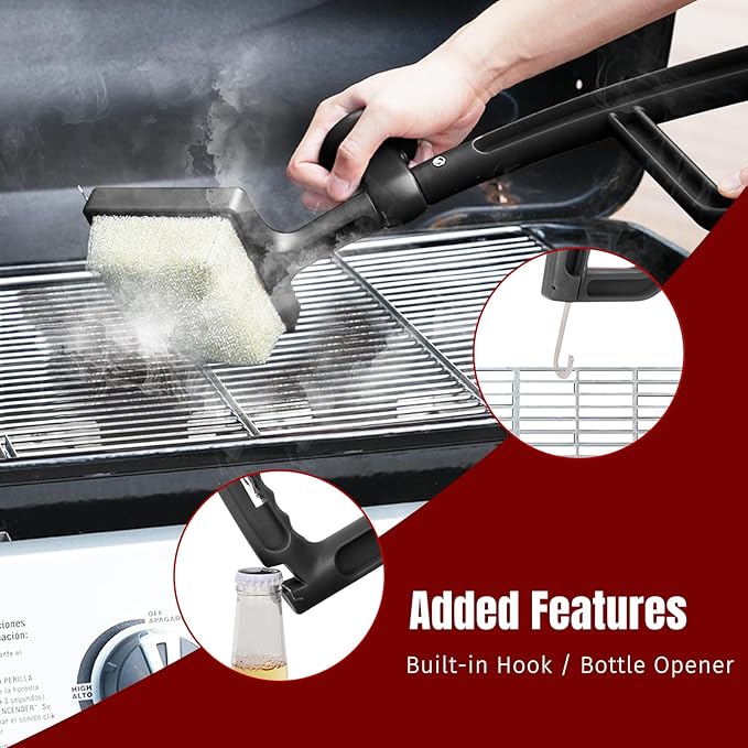 Grill Brush Bristle Free with Aramid Fiber - 600°F Heat Resistant Steam Cleaning Brush Dual Handle BBQ Grill Cleaning Brush with Scraper Replaceable Head for Outdoor Grill Weber Traeger Grates