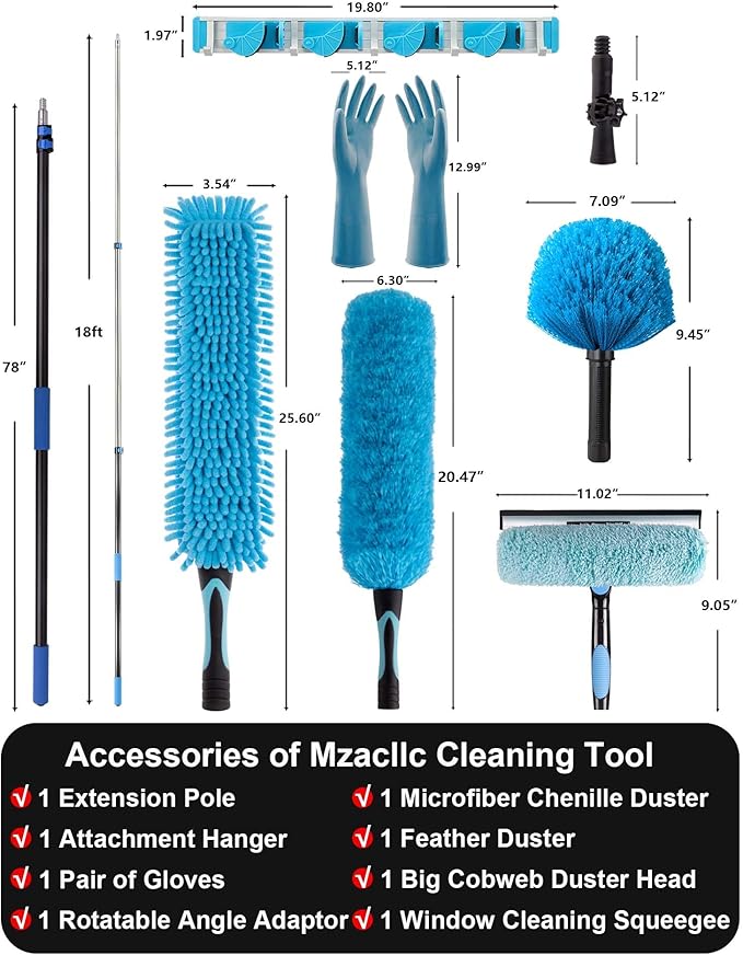 25 Foot High Reach Ceiling Fan Duster with 7-18ft Heavy Duty Extension Pole Microfiber Feather Cobweb Duster Window Squeegee Kit Cleaning Gloves