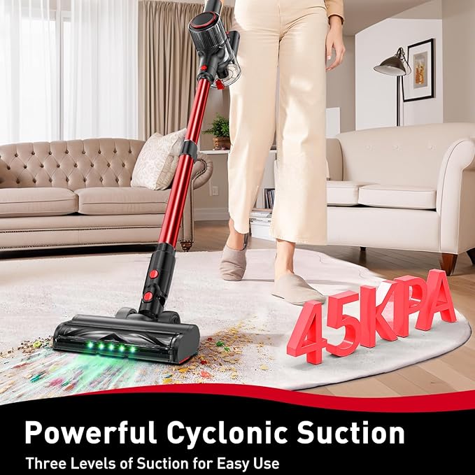 Cordless Vacuum Cleaner 45KPA 8-in-1 Vacuum Cleaners for Home 45Mins Runtime Anti-Tangle Stick Vacuum with LED Display Rechargeable Lightweight Vacuum for Pet Hair/Carpet/Floor (Red)