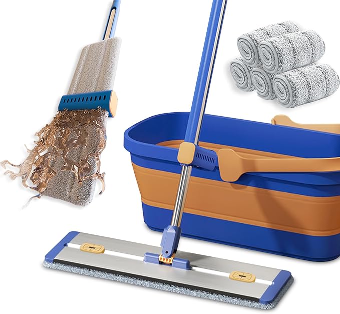 16.5 Microfiber Self Wringing Flat mopWet Dry mops for Cleaning Floorswith 55 Long Handle for Wall Cleaner with Squeegee (New Mop &amp 5 Microfiber mop Pads &amp Folding Bucket)