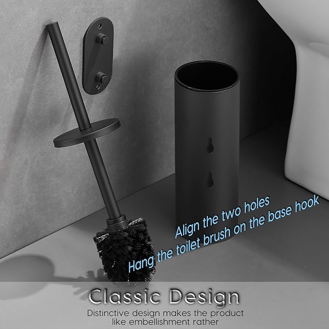Toilet Bowl Brush and Holder 304 Stainless Steel No-Punch Hook Base Dual Purpose Toilet Brush Holder with Removable Inner Bucket and Splash Cover - Soft Bristles (Black)