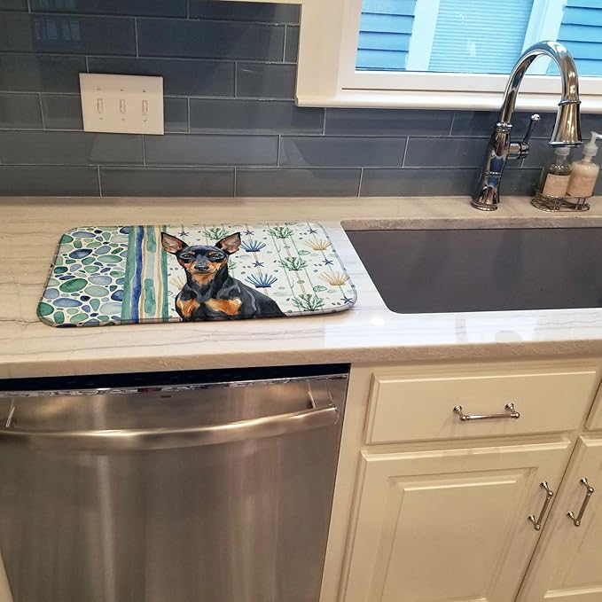 Caroline's Treasures Black and Tan Miniature Pinscher Coastal Sea Glass Dish Drying Mat Absorbent Dish Drying Mat Pad for Kitchen Counter Dish Drainer Mat for Countertop 14 x 21 Multicolor
