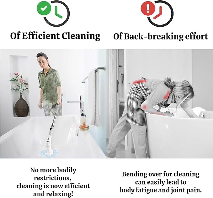 Electric Spin Scrubber with LCD DisplayShower Scrubber with Long HandleCordless Power Cleaning Brush with 8 Brush Heads Electric Scrubber for Bathroom Kitchen CleaningIPX7 Waterproof