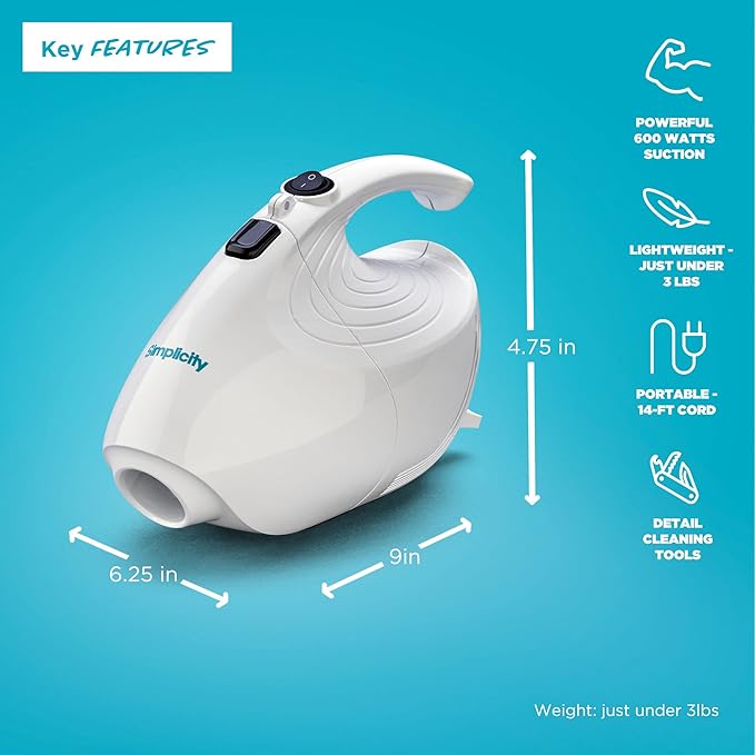 Simplicity Vacuums Flash Mini Handheld Vacuum with Attachments Powerful Corded Hand Vacuum for Craft and Sewing Projects Small Vacuum for Car Detailing F1