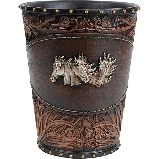 BLACK FOREST DECOR Horse Tooled Leather Waste Basket