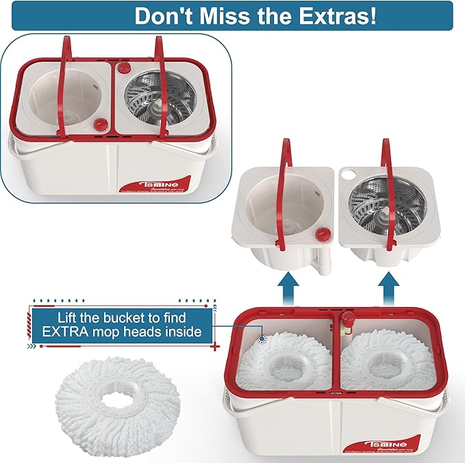 Gen 1 Large-Capacity Spin Mop and Bucket – for Big Homes &amp Deep Cleaning Days4-Chamber System Separates Dirty &amp Clean Water 2-GAL Heavy-Duty Design with Wheels &amp 6 Refill Mop Heads - Whi