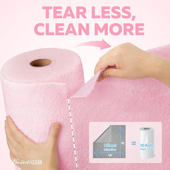 Fantasticlean XL Tear-Away Microfiber Cleaning Cloth Roll 16'' by 16''- 36 Sheets Thick &amp Large Detailing Towels Ultra Absorbent Lint-Free Reusable Wipes for All-Around Cleaning (Glossy Pink)